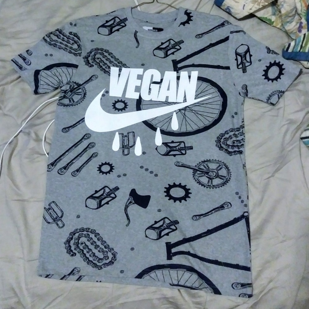 1Custom VEGAN allover bike print shirt. (Sz Med)